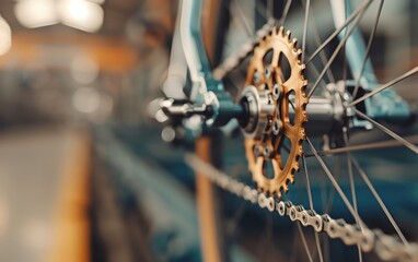 Close-up of a bicycle gear and chain mechanism in a workshop setting, showcasing precision engineering and craftsmanship. - Powered by Adobe