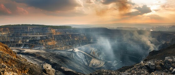 Open-pit mine under smoky skies, environmental impact, industrial consequences