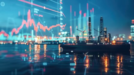 Fototapeta premium Oil market trends overlaid with global crisis images, capturing price fluctuations