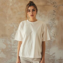 Woman in a white t-shirt mockup standing against a textured wall, looking at the camera, casual fashion.