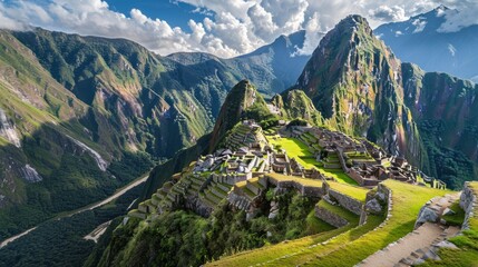 A breathtaking view from the top of Machu Picchu, ancient Inca ruins, lush green terraces, surrounding mountains