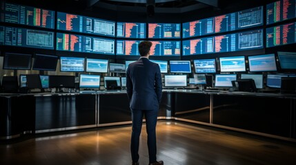 Obraz premium Businessman analyzing digital stock chart on blue and black background, investment concept