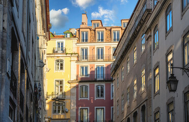 Old Town Lisbon. Street view of typical houses in Lisbon, Portugal, Europe