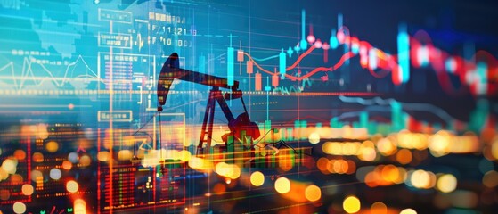 Obraz premium Double exposure of economic reports and oil market changes, symbolizing global impact on prices