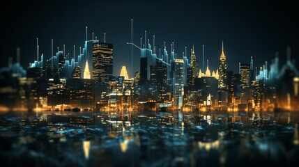 Financial data overlay on abstract buildings for real estate market analysis on blue background