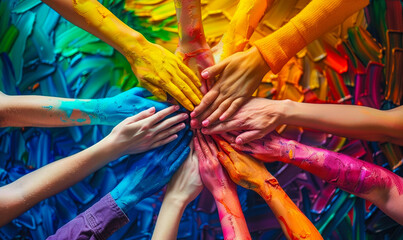 A vibrant celebration of corporate unity and collaboration, hands joined together in solidarity and teamwork, vivid colors symbolizing synergy & diversity fuels success in modern business landscape