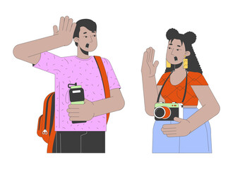 Excited mixed race couple traveling sightseeing 2D linear cartoon characters. Diverse tourists together isolated line vector people white background. Excitement expression color flat spot illustration