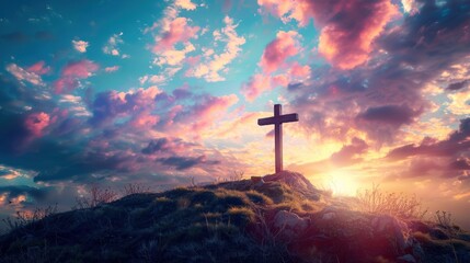 Fototapeta premium Cross standing on a hill with a vibrant sunset and glowing clouds, symbolizing faith and hope
