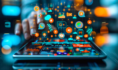 Dynamic Visualization of Mobile Marketing Strategies with Interactive Icons and Data Analytics Flowing from a Digital Tablet
