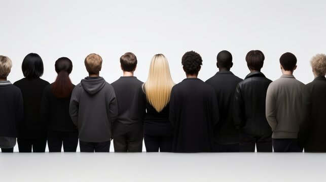 Unity symbolized  group of people standing together, backs turned, against simple background