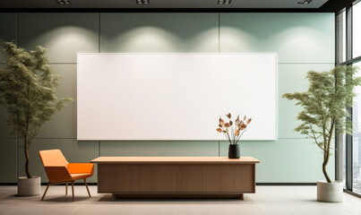 Modern business office reception with branding logo display mockup, corporate identity, professional workplace