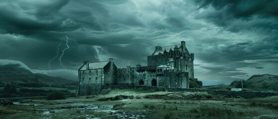 Brooding castle under stormy skies, frequent lightning, perfect for a horror scene