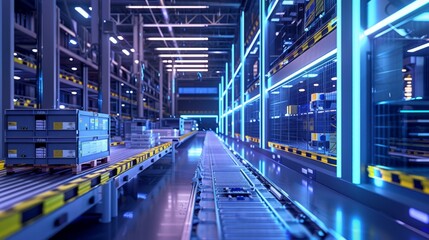 Futuristic High-Tech Logistics Center with Neon Robotic Sorting Systems in Photorealistic Setting