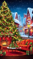 Fototapeta premium Merry Christmas (Illustration-typography) Santa Cluas, Rendier, Snowmen, Gifts. kids