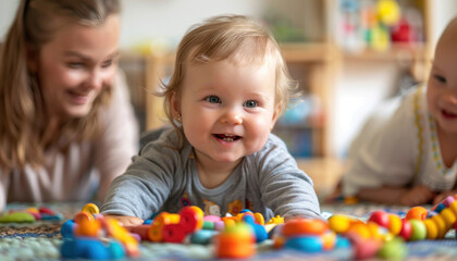 Fototapeta premium A baby is laying on the floor, happily playing with toys and exploring the world around them