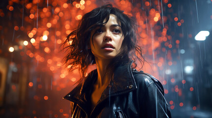 A young woman with tousled, wet hair stands in the rain, looking off into the distance with a mix of determination and vulnerability.