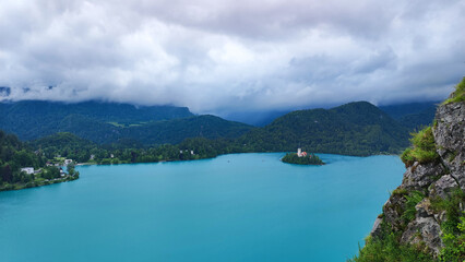 Bled Lake with its surroundings on cloudy spring day, Slovenia