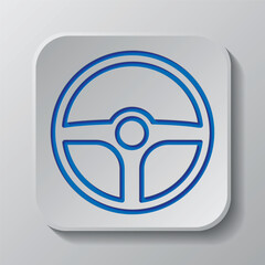 Wheel simple icon. Flat design. Paper cut design. Cutted blue symbol with shadow. Gray badge button, gray background