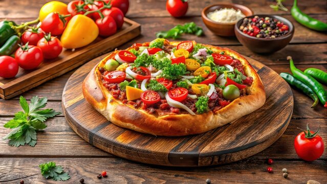 Loaded Turkish kumpir food with colorful toppings on wooden board, Turkish cuisine, kumpir
