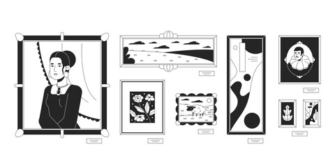 Famous paintings for art gallery black and white 2D line cartoon objects set. Exhibition artwork isolated vector outline items collection. Masterpiece pictures monochromatic flat spot illustrations