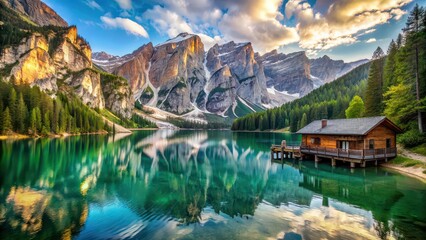 Fototapeta premium Scenic view of Cappella Lago di Braies with crystal clear lake and towering Alps in the background, Italy, Dolomites