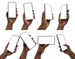 A set including black hand holding a generic modern smartphone with a blank screen in various positions, comprising perspective, vertical, and horizontal versions