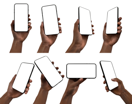 A set including black hand holding a generic modern smartphone with a blank screen in various positions, comprising perspective, vertical, and horizontal versions