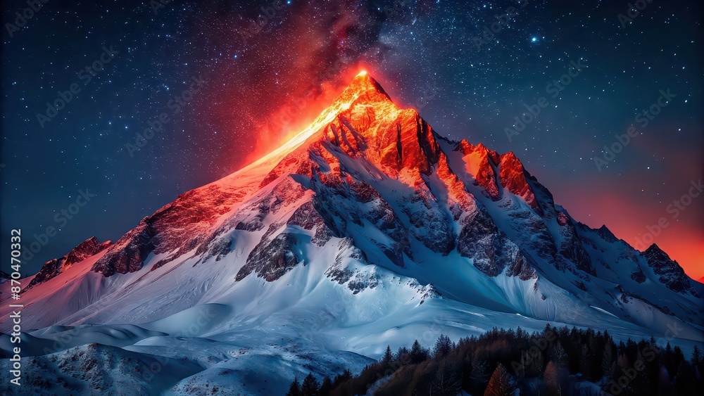 Poster Snow-covered mountain with red glowing lights shining through the snow at night, snow, mountain, winter, red lights, glowing