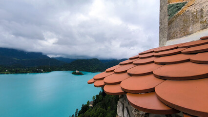 Bled Lake with its surroundings on cloudy spring day, Slovenia