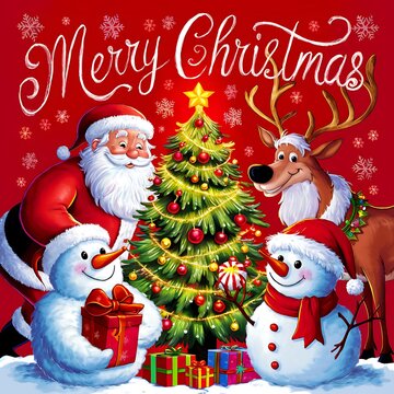 Merry Christmas (Illustration-typography) Santa Cluas, Rendier, Snowmen, Gifts. kids
