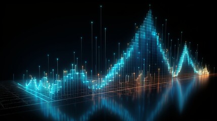 3d stock market chart with downward trend on blue and black background, depicting economic downturn