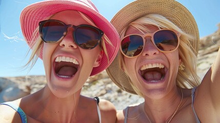 Two blonde women in their thirties taking a selfie while wearing sunglasses and hats, laughing loudly with mouths open wide showing teeth