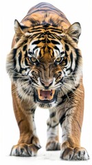 Naklejka premium Close-up of a fierce tiger on a white background, wildlife and predator concept
