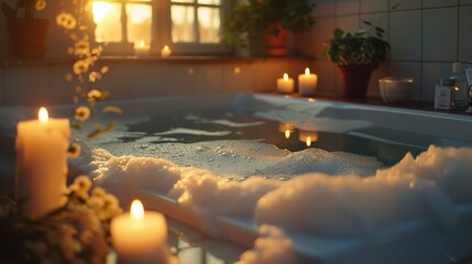 Romantic candlelit bubble bath with soft shadows and ambiance.