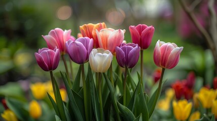 Fototapeta premium Colorful Tulips Blooming in Garden Generative AI