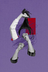 Vertical collage image woman body fragments hands fists fight strength power force argument...