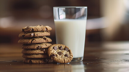 Plate with cookies and glass of milk on table in modern kitchen