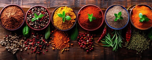Assorted herbs and spices arranged in small bowls and scattered on a rustic wooden table, featuring vibrant colors and textures, perfect for culinary enthusiasts and food bloggers