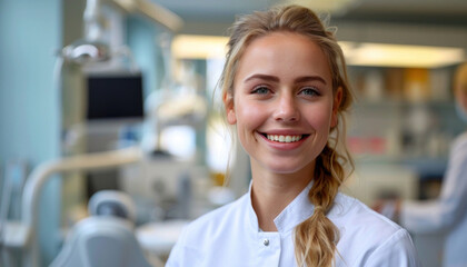 In a dental clinic, a cheerful female dentist with a smile poses happily for a photo