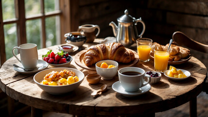 elegant breakfast spread laid out on a rustic wooden table. Include a variety of foods such as freshly baked croissants