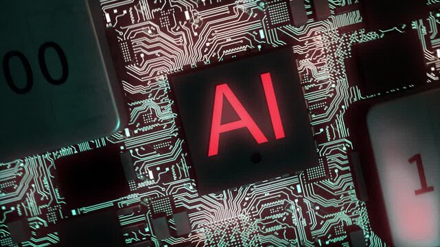 Stunning high quality CGI render of an integrated circuit board featuring red glowing AI text and shining teal circuits, with a smooth clockwise rotation pushing in slowly on the central AI chip