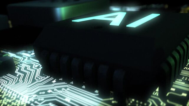 Stunning  high quality CGI render fly through of an integrated circuit board featuring a reveal of an AI chip with pale blue glowing text and bright glowing gold circuits