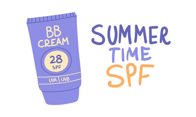 Vector illustration of a bottle of SPF cosmetics with an inscription. Hand-drawn design of a bottle of sunscreen to protect your skin. The inscription summer time spf. UV protection of the skin BB