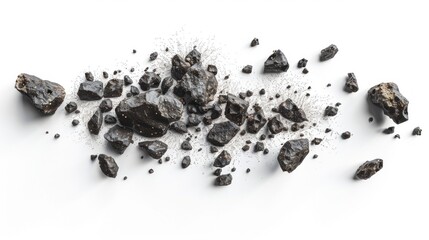 A scattered collection of asteroids against a stark white background, seemingly floating in the vast emptiness of space