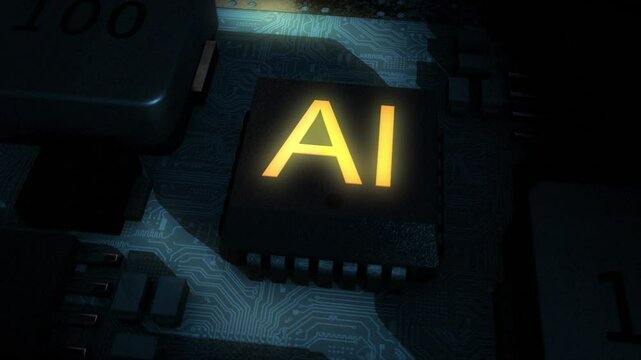 Dark and sinister high quality CGI render of an integrated circuit board featuring an orange glowing AI chip, with a smooth clockwise camera move pushing in slowly on the central AI chip