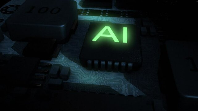 Dark and sinister high quality CGI render of an integrated circuit board featuring a green glowing AI chip, with a smooth anti clockwise camera move pushing in slowly on the central AI chip