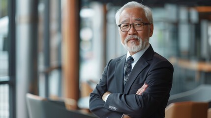 Fototapeta premium Confident senior Asian businessman in formal attire, portrait emphasizing business success and experience.
