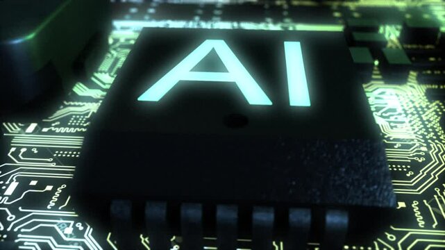 Stunning  high quality CGI left-to-right fly through of an integrated circuit board featuring a reveal of an AI chip with pale blue glowing text and bright glowing gold circuits