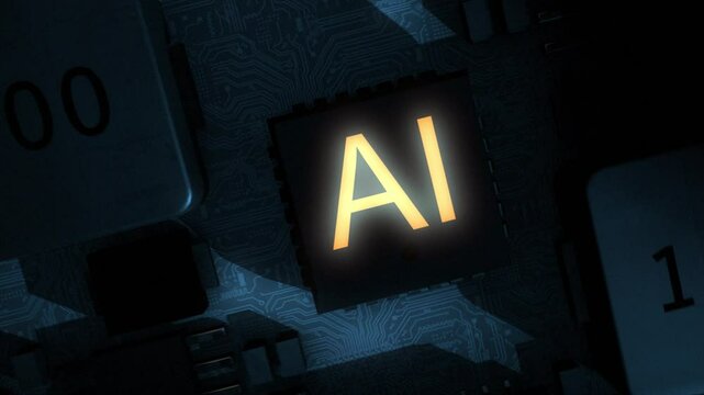 Dark and sinister high quality CGI render of an integrated circuit board featuring orange glowing AI text, with a smooth clockwise rotation pushing in slowly on the central AI chip