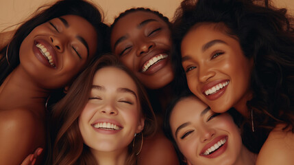 Fototapeta premium Diverse Group of Happy Women Smiling and Embracing Each Other on a Natural Background. Friendship, Joy, Positive Emotions, Inclusive Beauty, and Unity